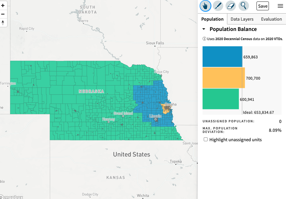 Colorful map of Nebraska with three congressional districts colored in